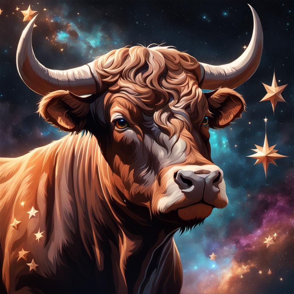 Bull Portrait Amongst Stars in Hyperdetailed Style
