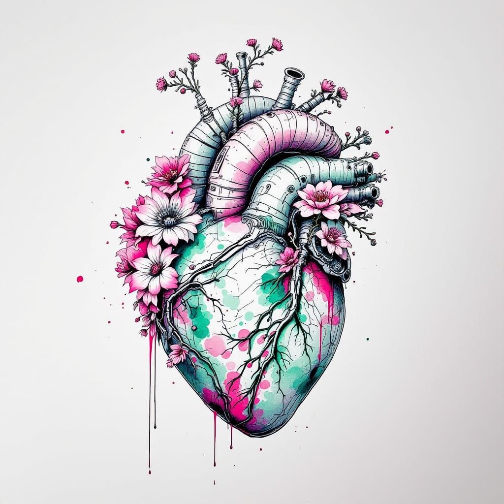 Surreal Mechanical Heart with Floral Veins, Ink Wash Art