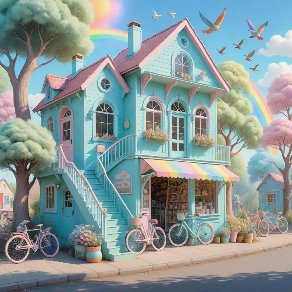 Whimsical Pastel Bicycle Shop Dreamscape