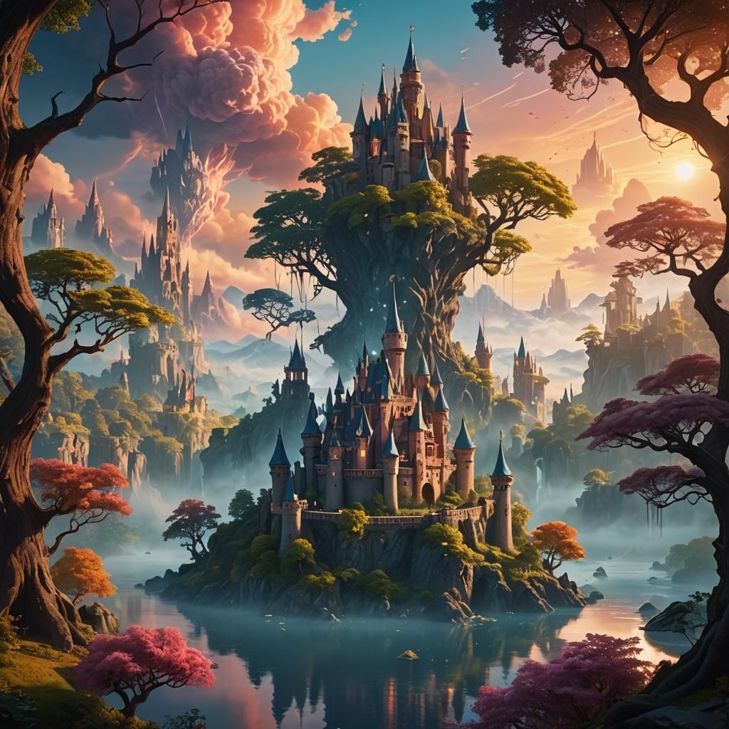 Magical Castle Amidst Floating Islands Concept Art