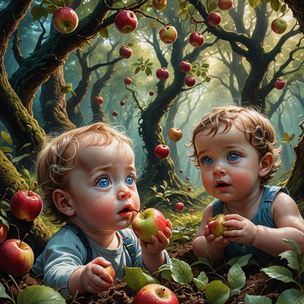 Hyperrealistic Babies in Forest Offering Apple