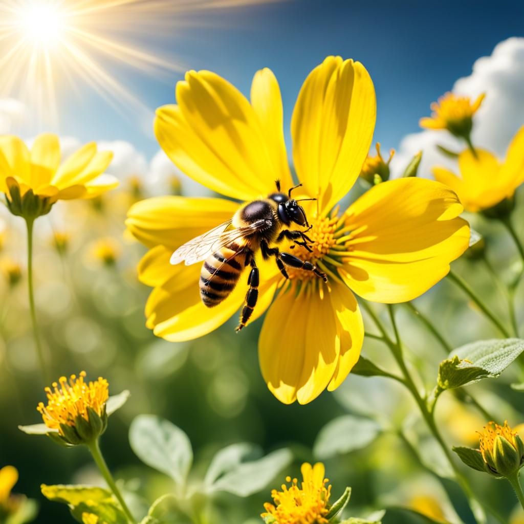 Bee in Divine Sunshine Extracting Honey