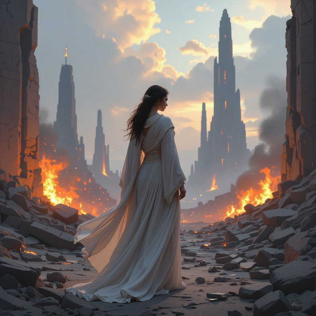 Gallifrey Ruins with Elegant Figure in Dystopian Style