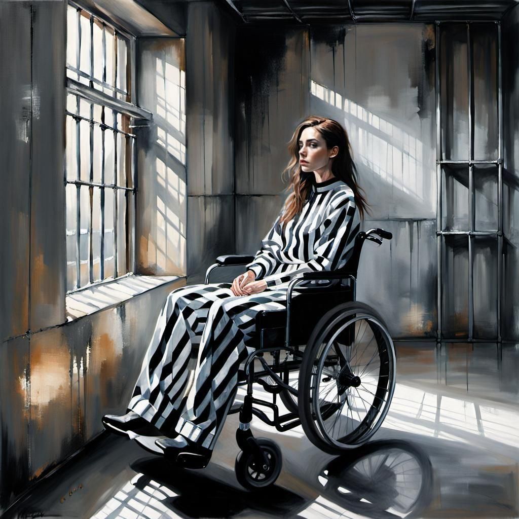 Woman in Wheelchair Looks Out from Prison Cell
