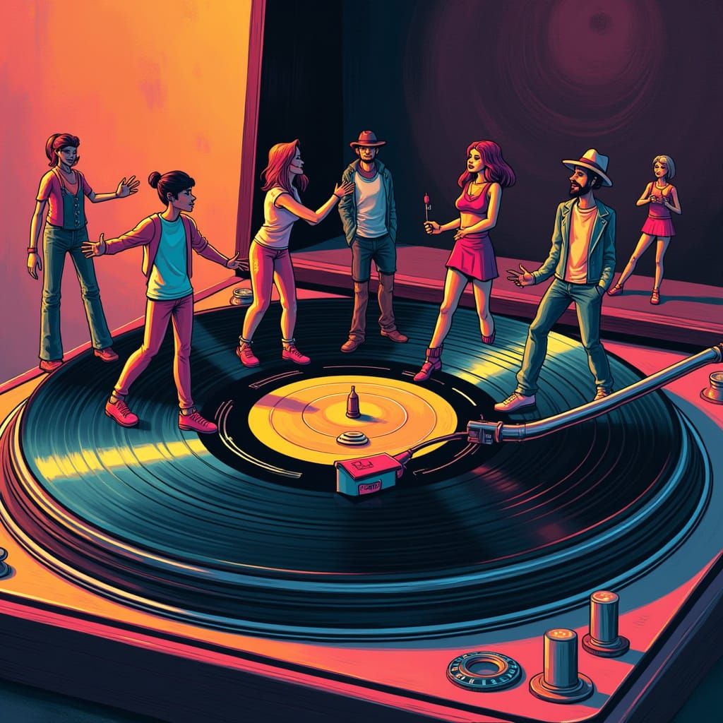 Dancing Figures in Vinyl Grooves: Retro Animation