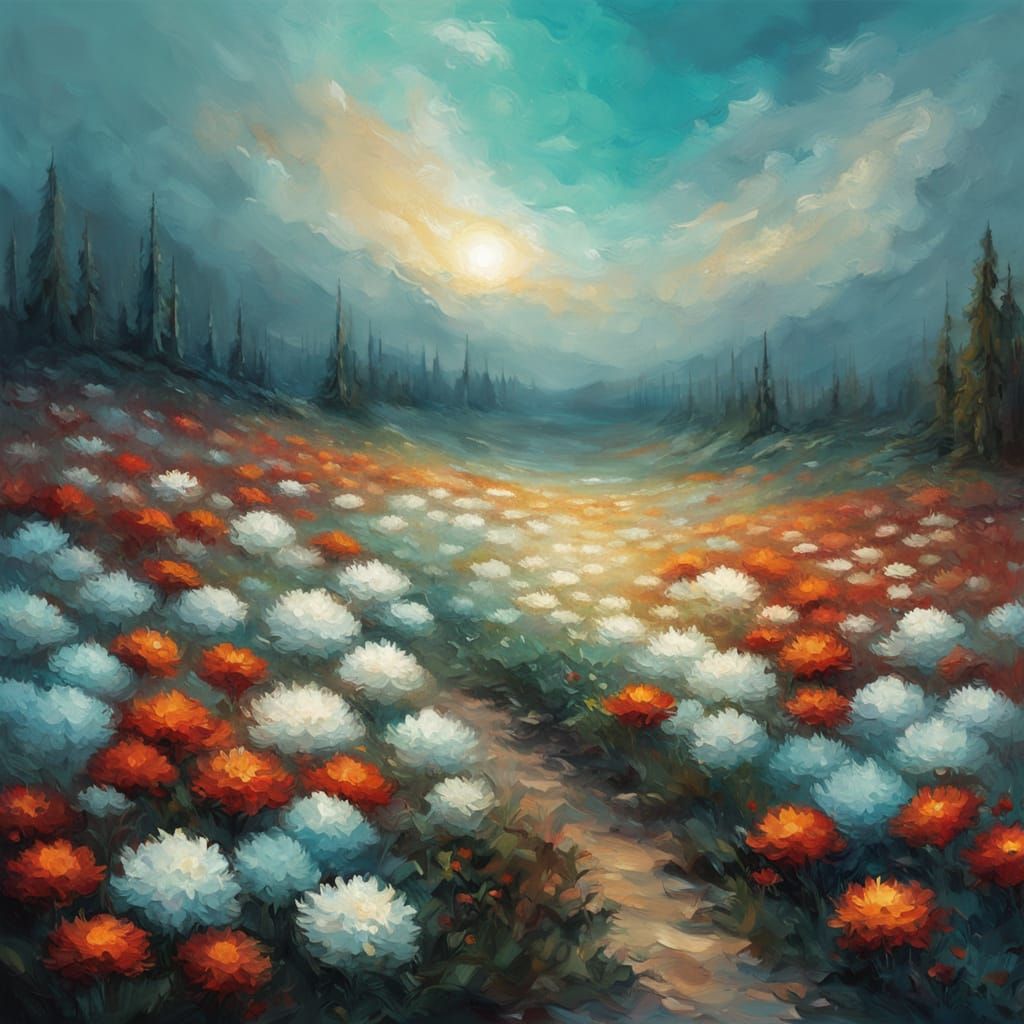 Ethereal Flower Field Reflecting Turquoise Ocean