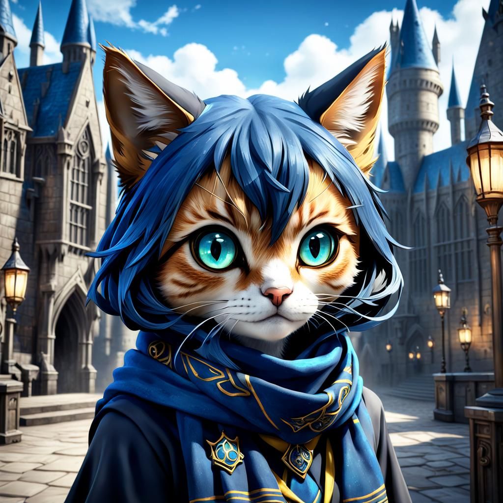 Anime Cat-Girl in Ravenclaw Uniform at Hogwarts