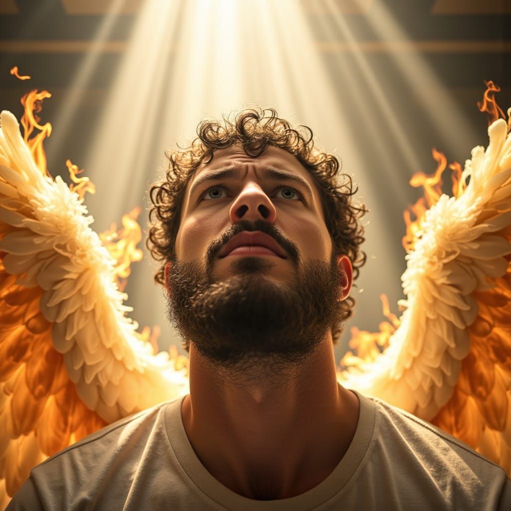 Angel with Flaming Wings in Divine Celestial Atmosphere