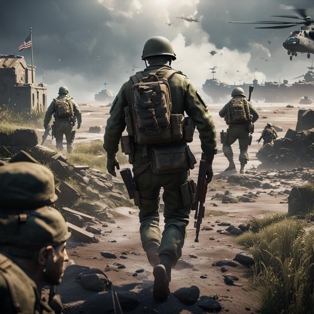 D-Day Scene in 3D Game Cinematic Style