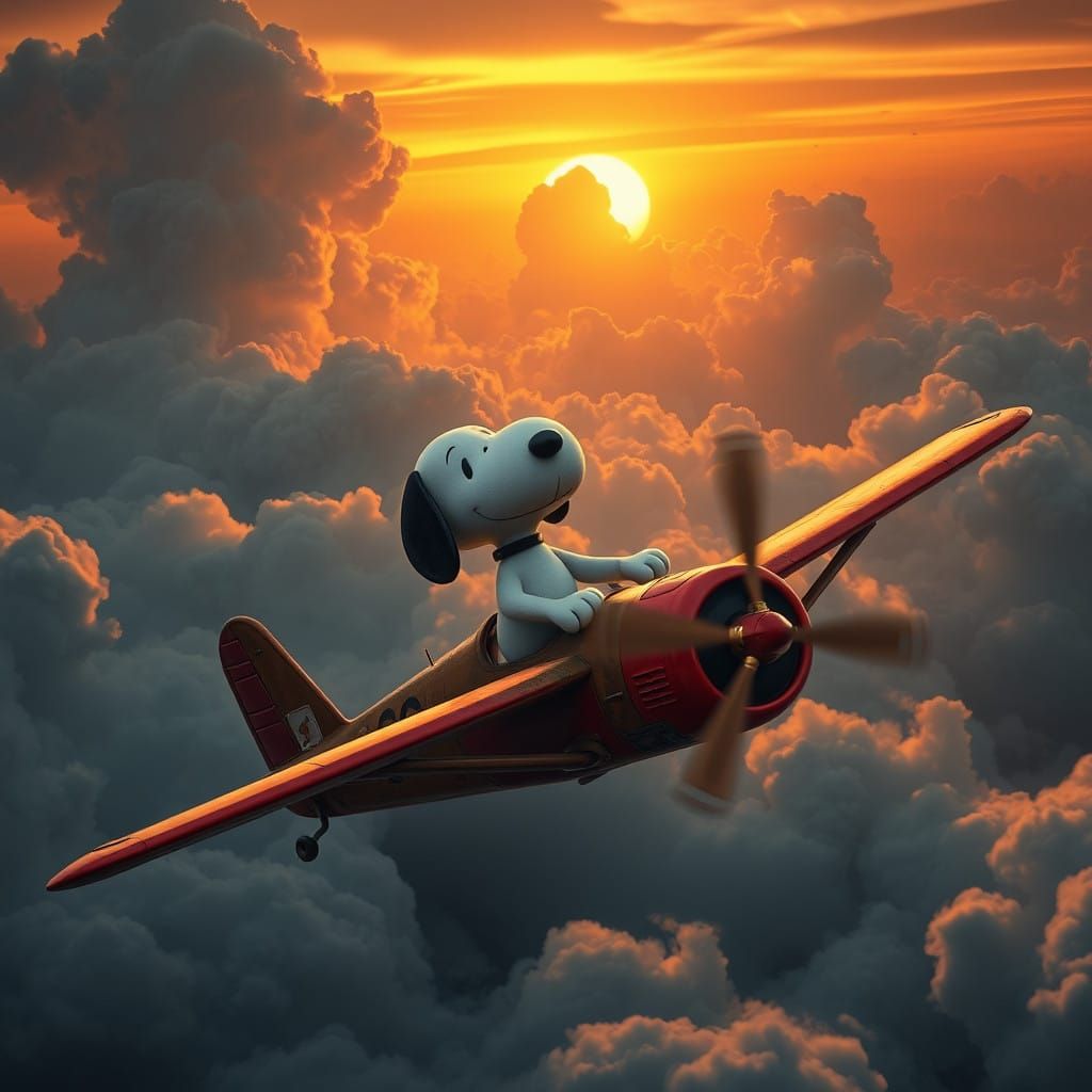 Vintage Bi-Plane Soars Through Sunset-Splashed Sky