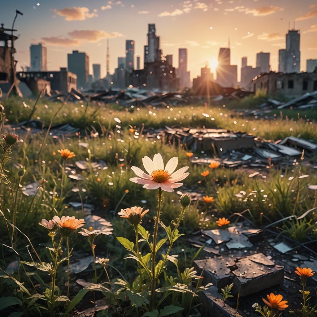 Cosmic Flower Blooms in Destroyed Cityscape