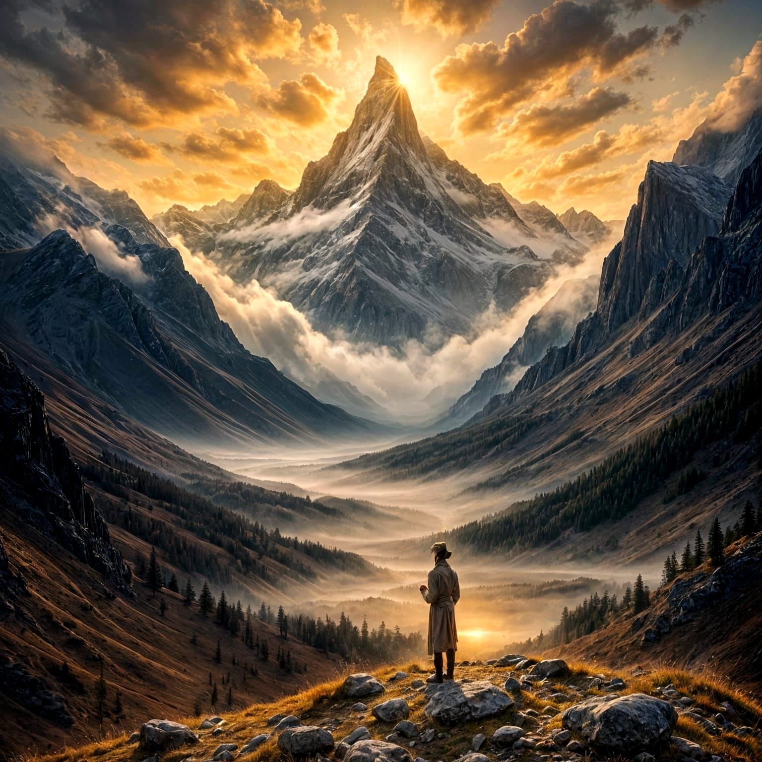Mountain Landscape Oil Painting with Figure of Faith