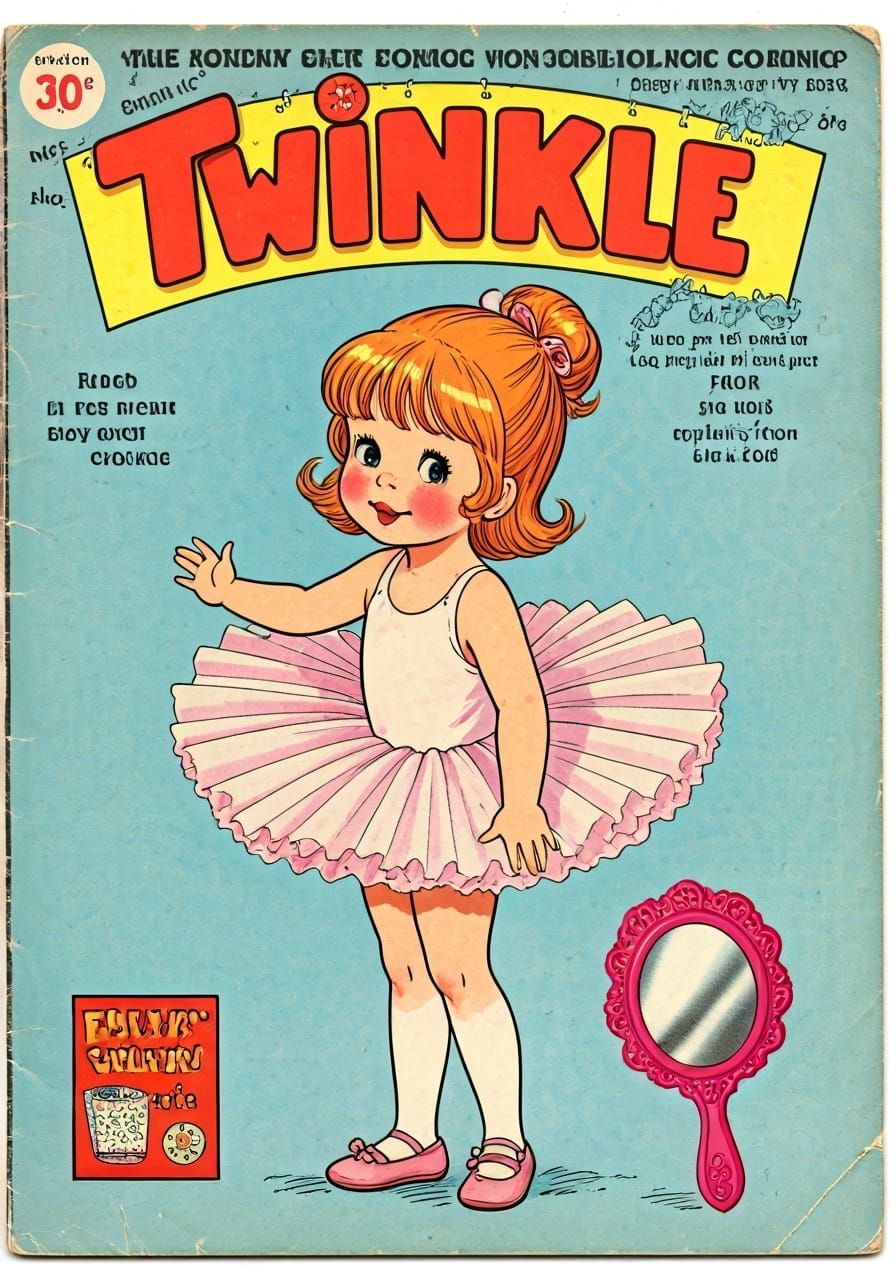 1970s children's comic, 'Twinkle ' showing a little girl in a tutu with her hair in a bun, with a free gift of a pink pl...