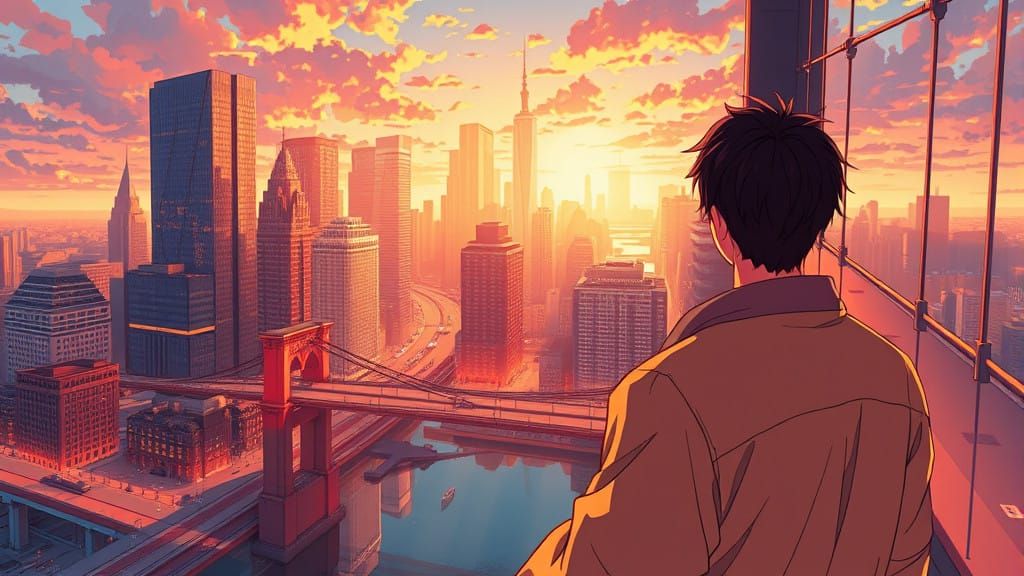 Beautiful Modern Cityscape in Golden Hour, Anime Style
