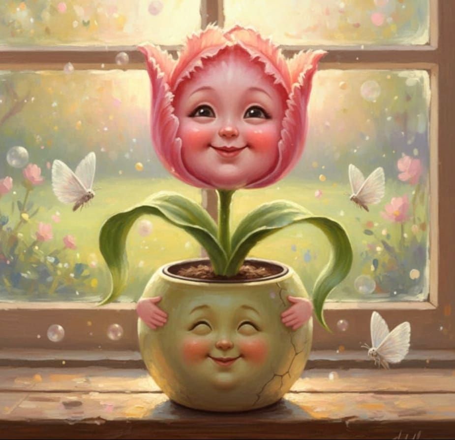 Smiling Tulip and Flowerpot in Morning Light