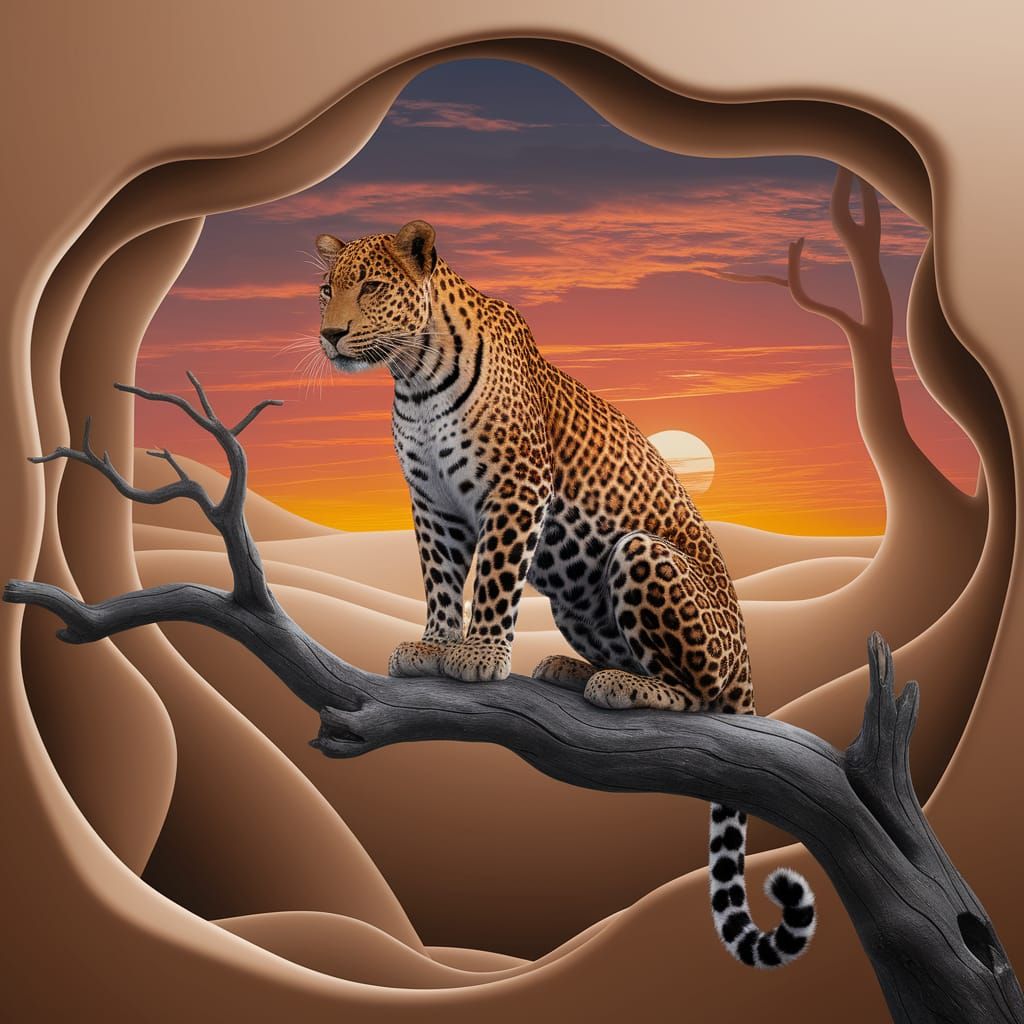 Surrealistic Leopard in Dreamlike Sunset Landscape