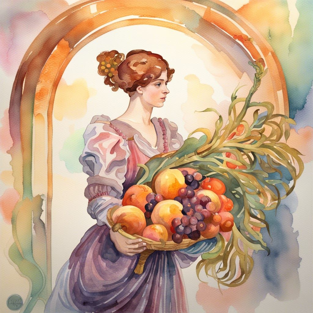 Woman with Cornucopia: Art Nouveau Watercolor Painting