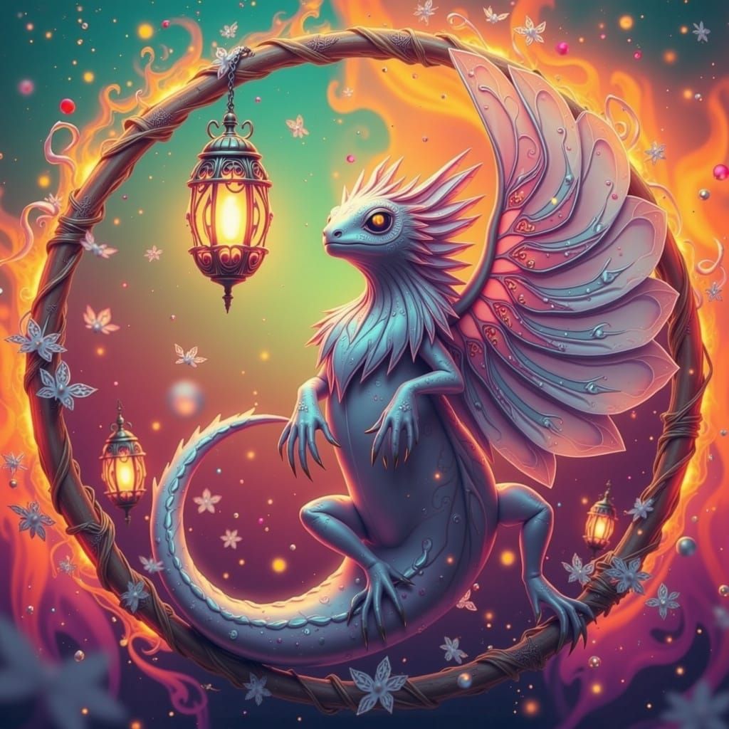 Ethereal Albino Bearded Dragon in Frosty Art Nouveau Landsca...