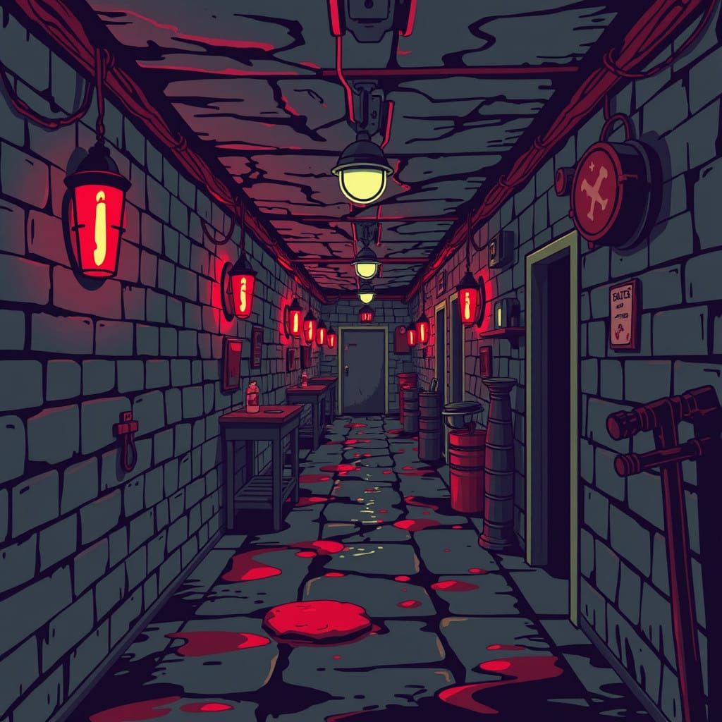 Pixel Art of a Creepy Barbeque Hallway in a Liminal Space