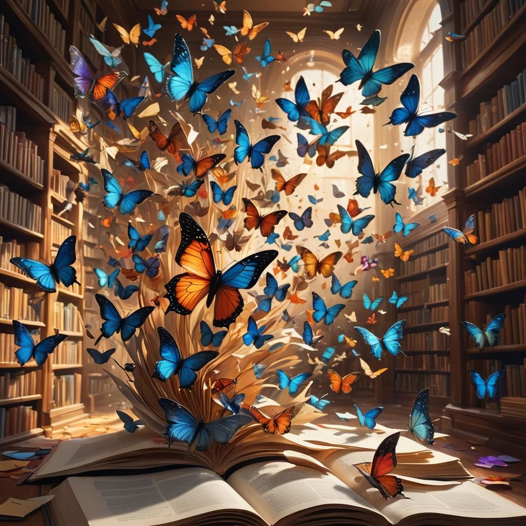 Butterflies Emerge from Book in Dreamlike Scene