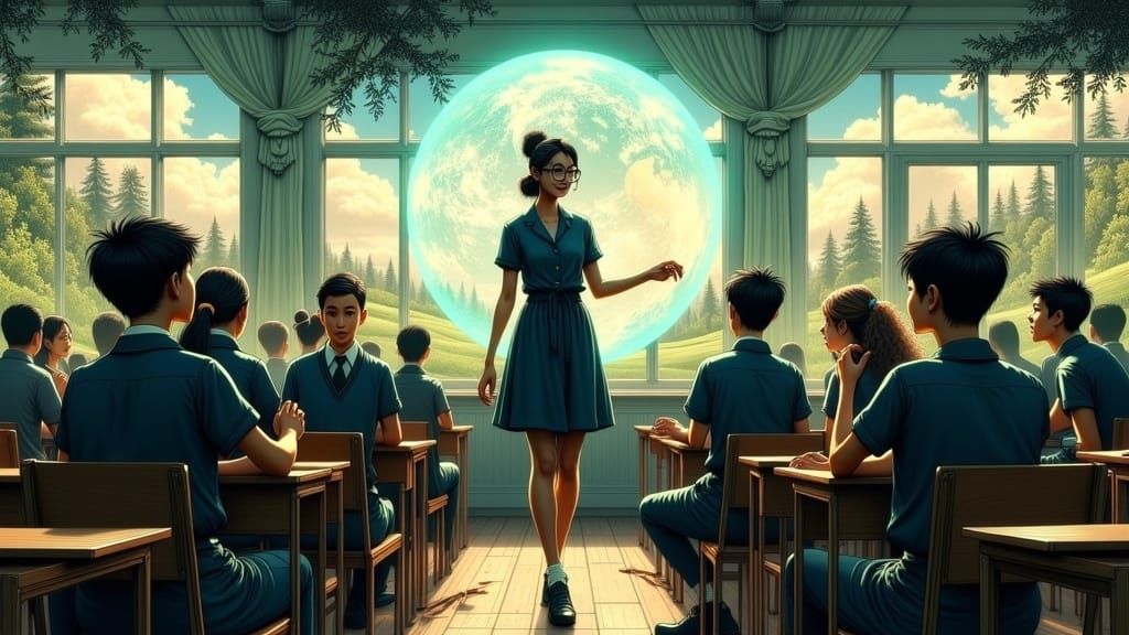 Futuristic Classroom with Mars Globe, Nostalgic Illustration