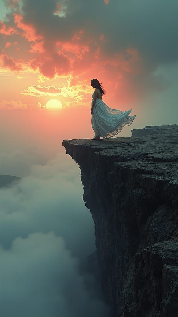 Ethereal Woman on Windswept Cliff Edge