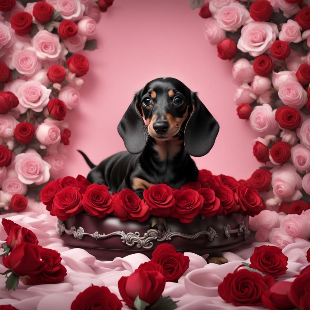 Dachshund Puppy in Valentine Dress on Roses
