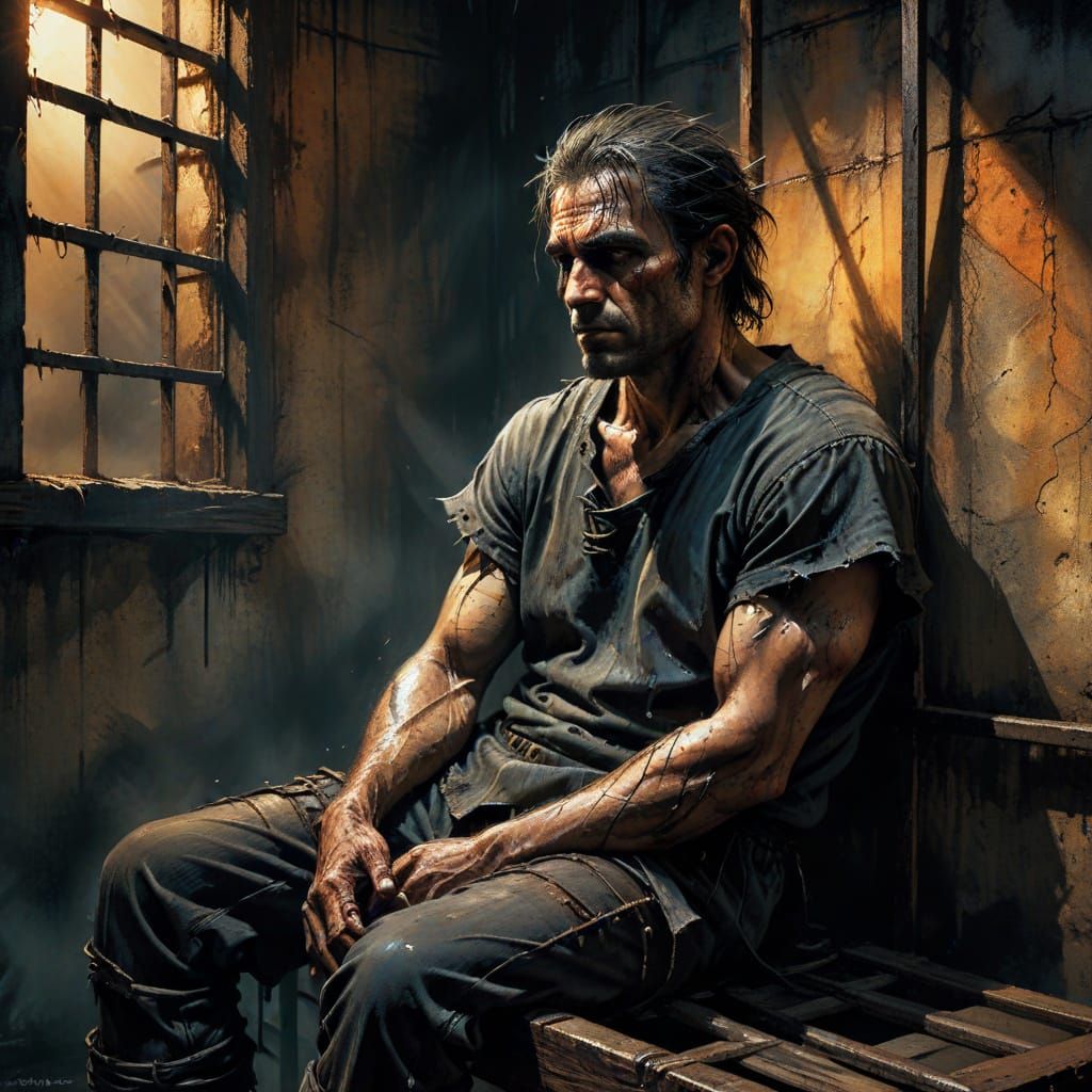 Weary Prisoner in Jail Cell as Comic Book Art