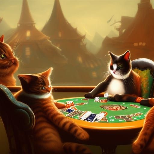 Cats Playing Poker in Detailed Matte Painting