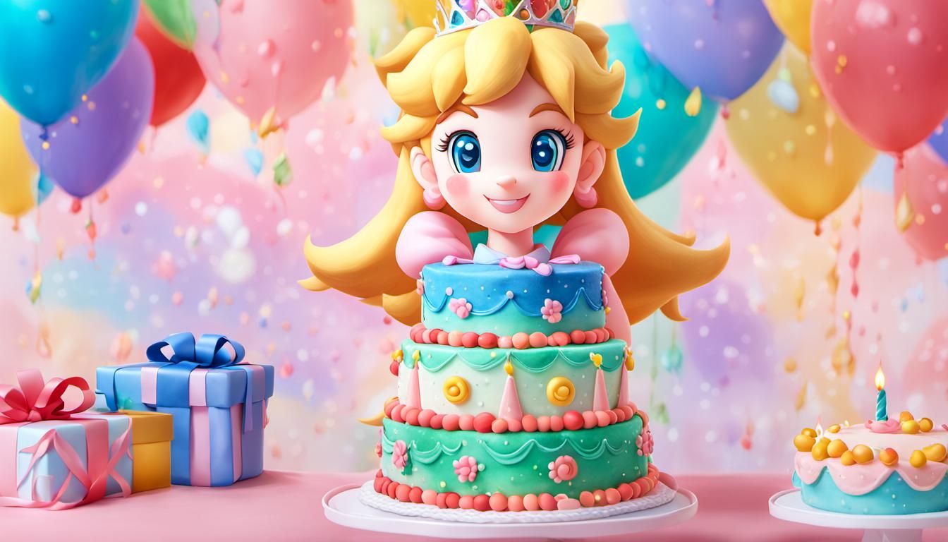 Princess Peach Portrait with Birthday Cake in Watercolor Sty...