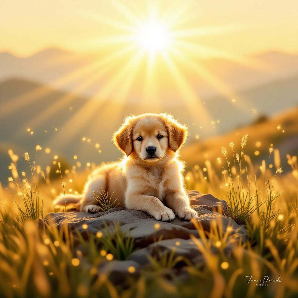 Golden Puppy on Sunlit Hilltop in Digital Painting Style