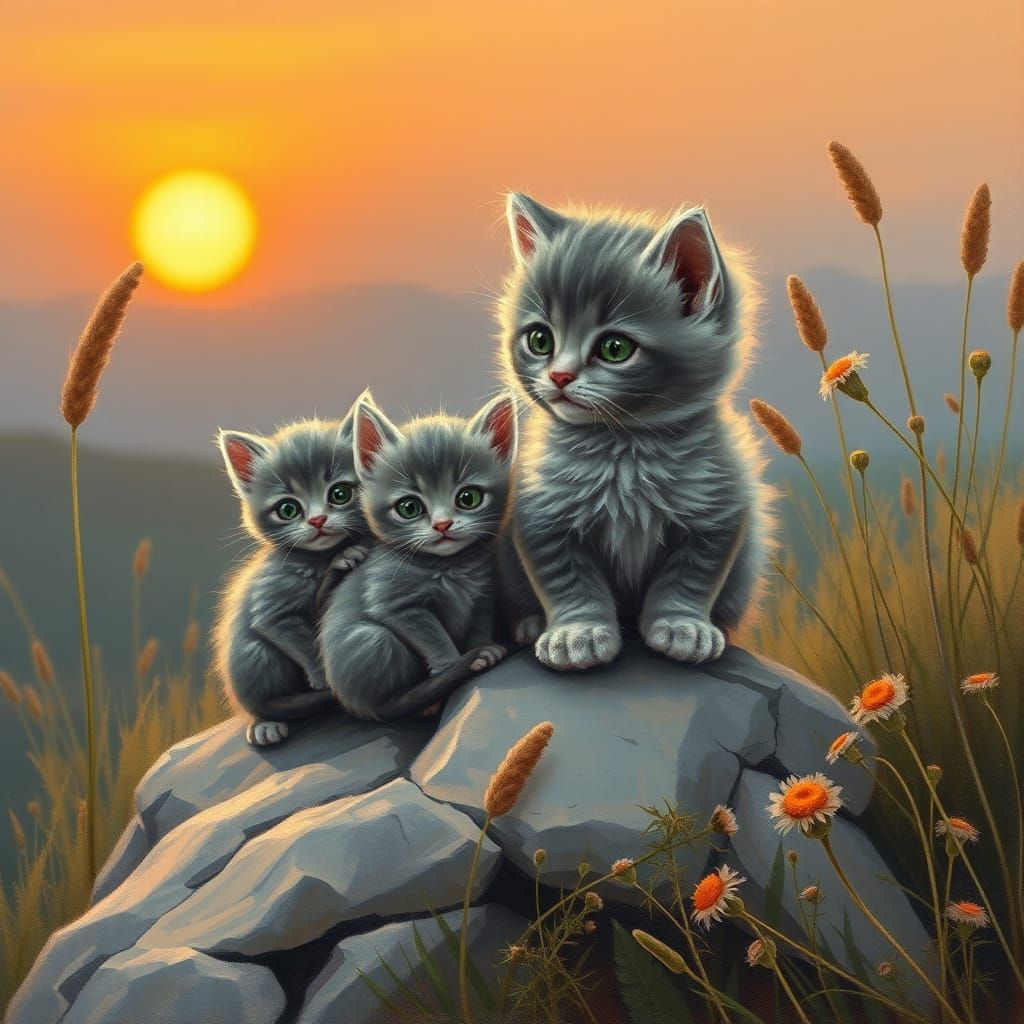 Kitten Family Gathers at Sunset, Impressionistic Style