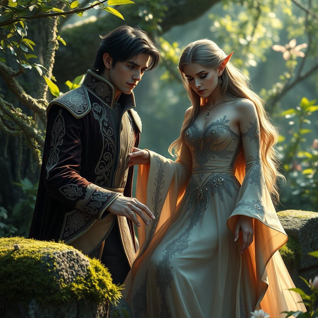 Ethereal Elven Prince and Lady in Lush Fantasy Landscape