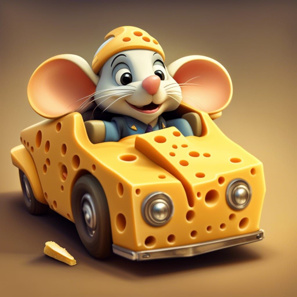 Mouse Drives Cheese Car in Pixar Style