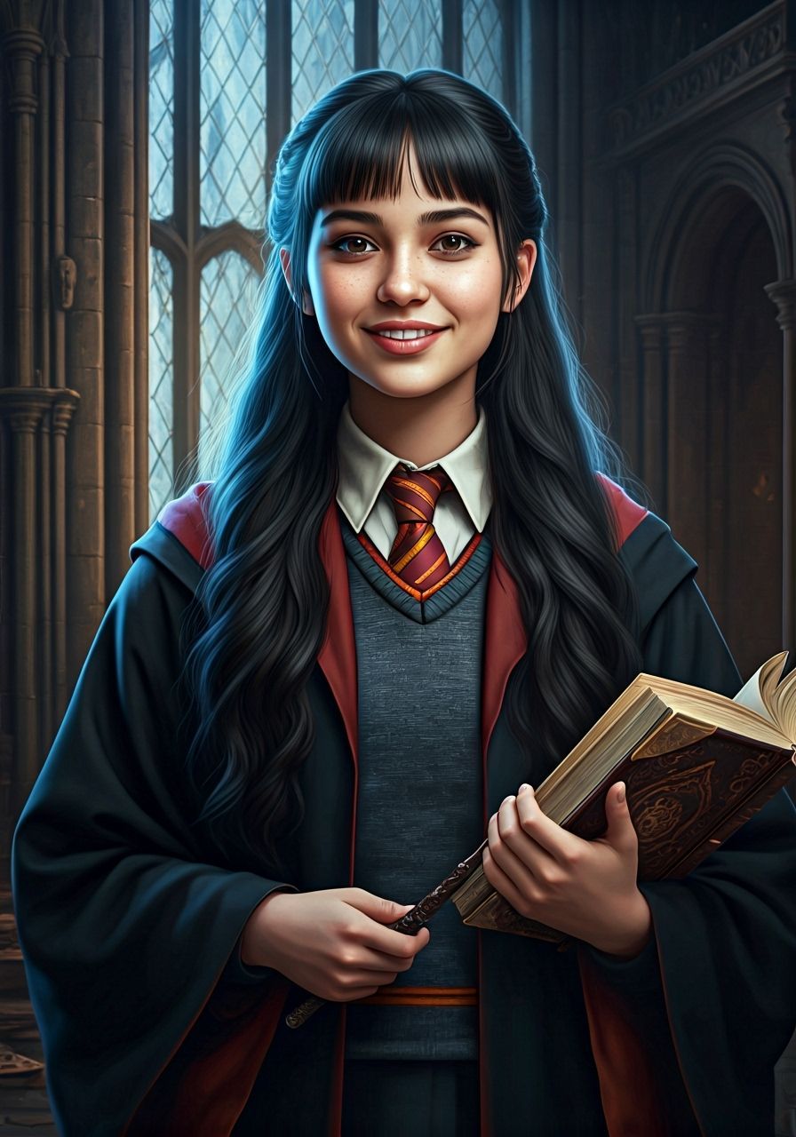 Smiling Gryffindor Student in Hogwarts Hallway