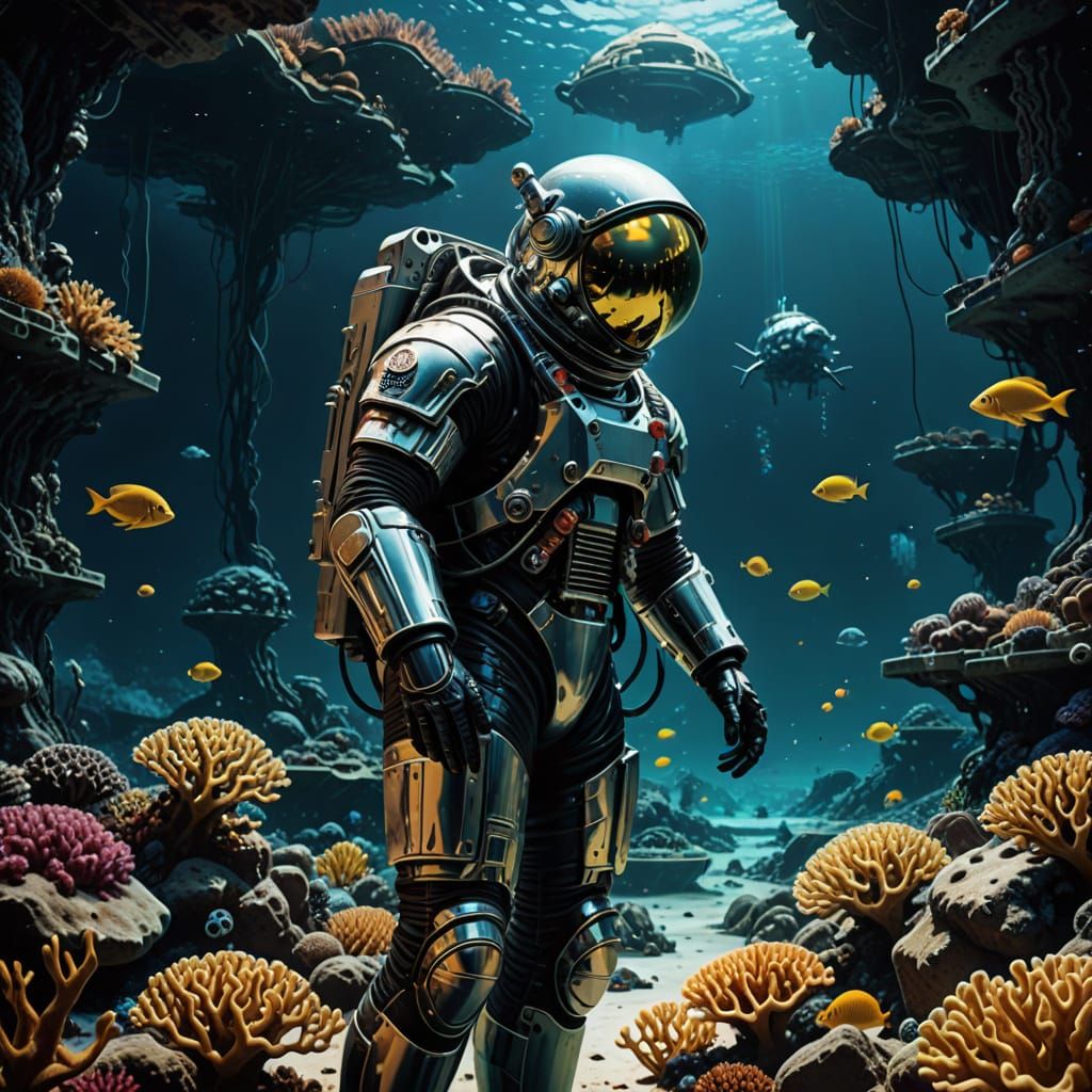 Astronaut Among Underwater City Ruins in Sci-Fi Style