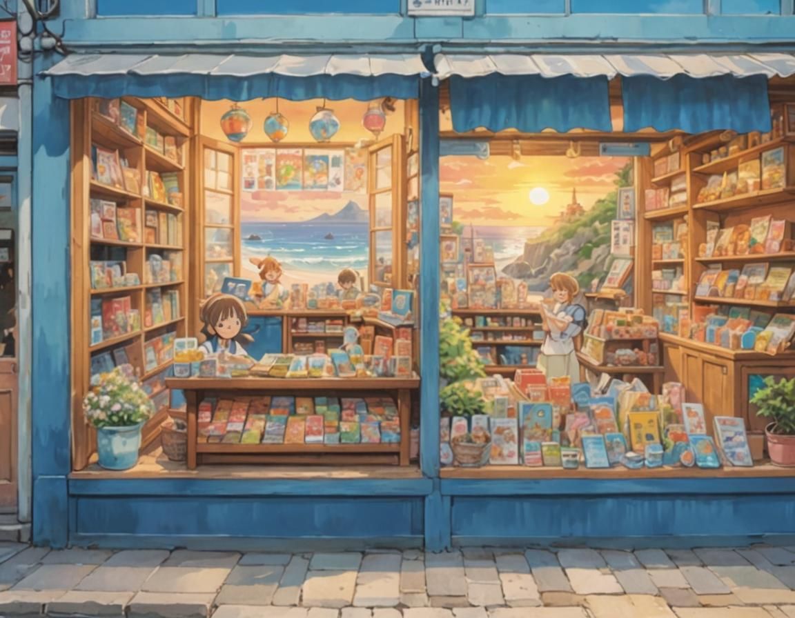 Whimsical Souvenir Shop on Sunset Beach in Anime Style