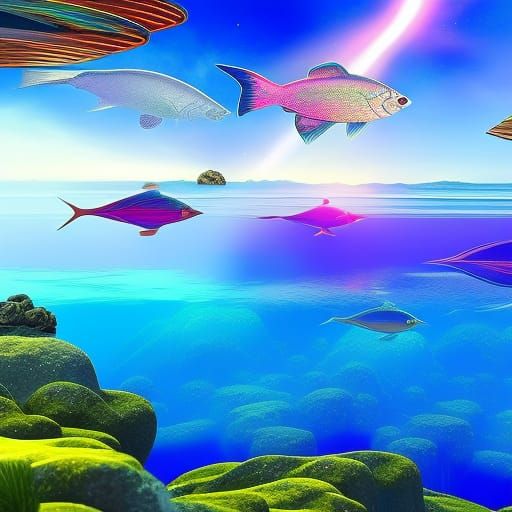 Fantasy Lake Fish in Holographic Cosmic Illustration