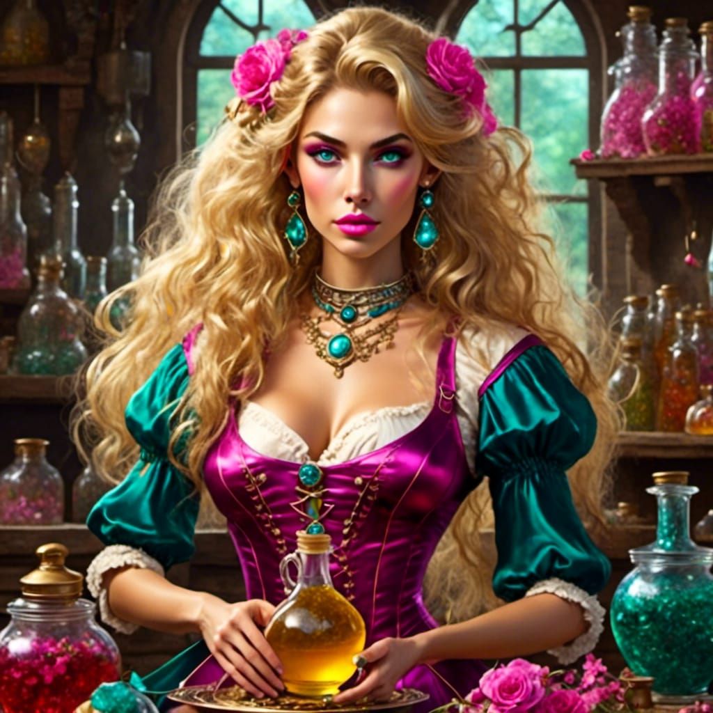 Countess Alchemist Crafting Potions in Italian Armor