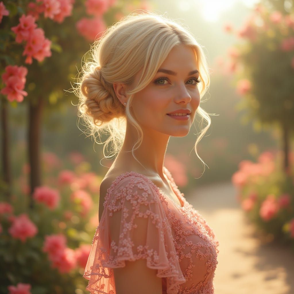 Elegant Blonde Woman in Floral Path, Art Nouveau Style