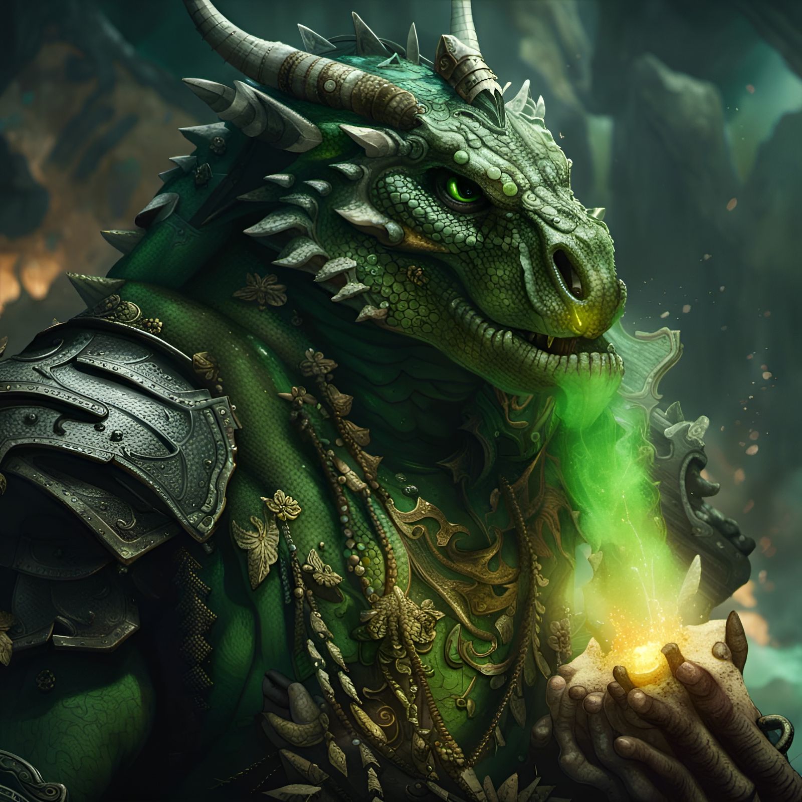 Green Dragonborn Warrior Poison Breath in Cinematic Style