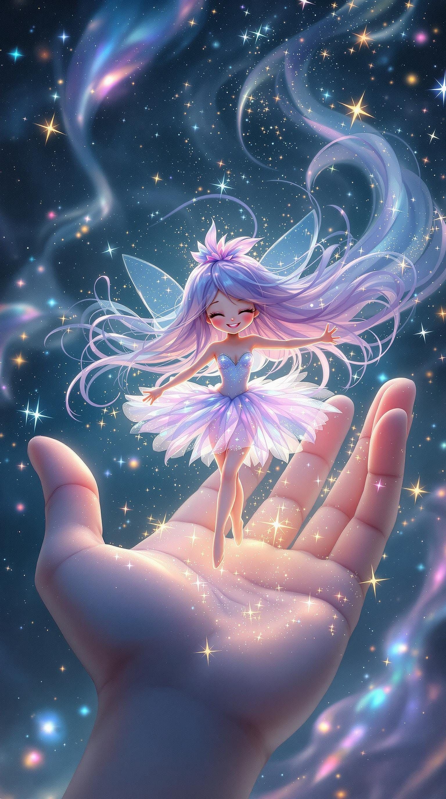 Whimsical Anime Fairy Dances on a Palm in Vibrant Pastel Hue...