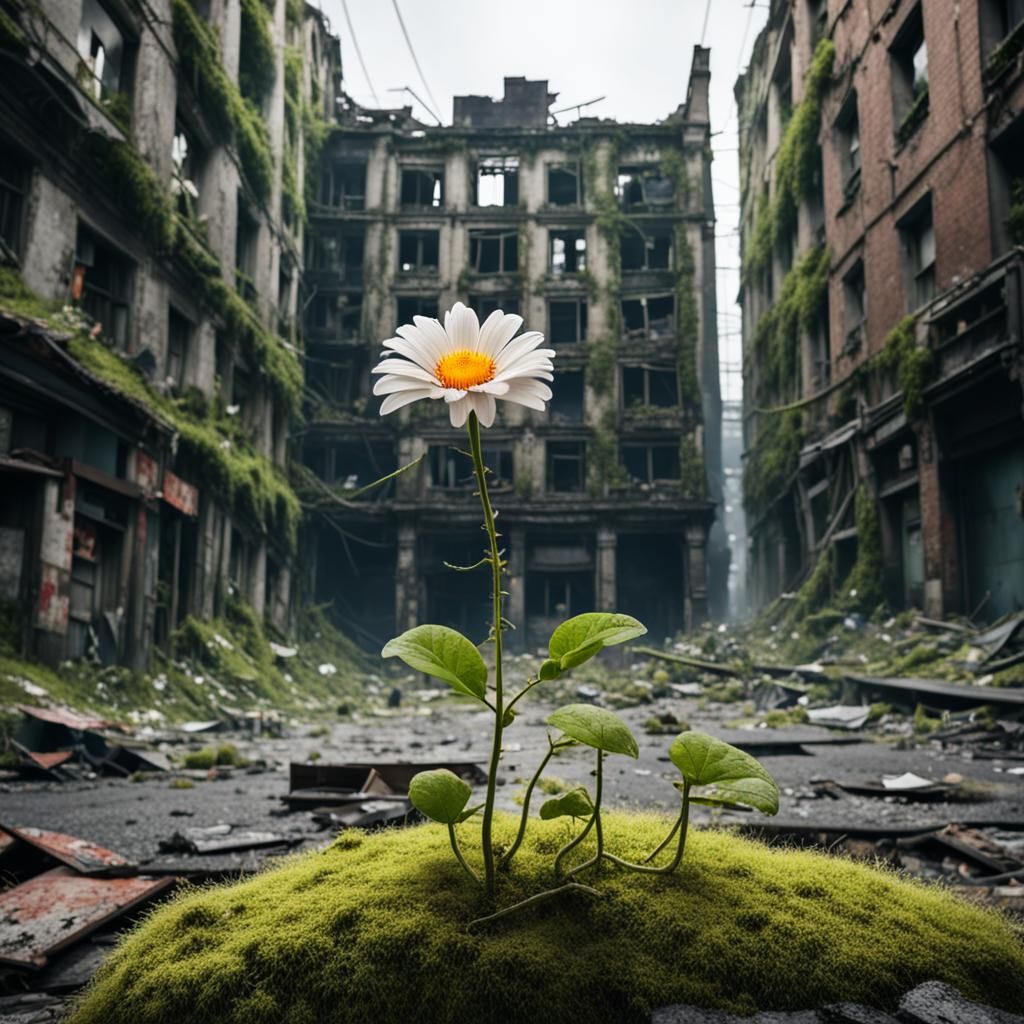 Resilient Flower Blooms in Post-Apocalyptic Cityscape