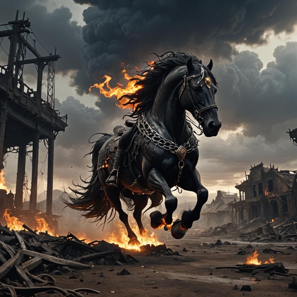 Apocalyptic Black Horse with Fiery Mane, Digital Art