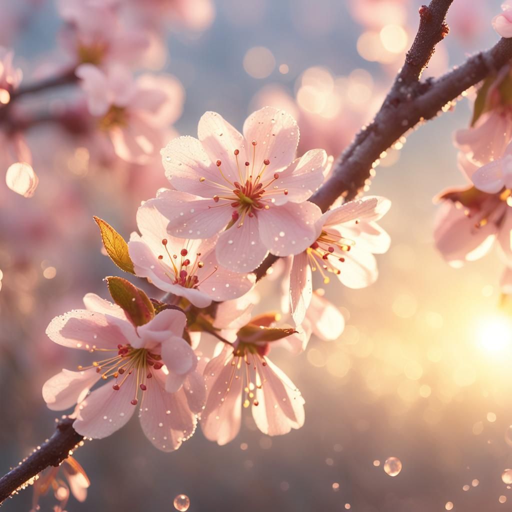Dew-Kissed Cherry Blossom in Golden Light