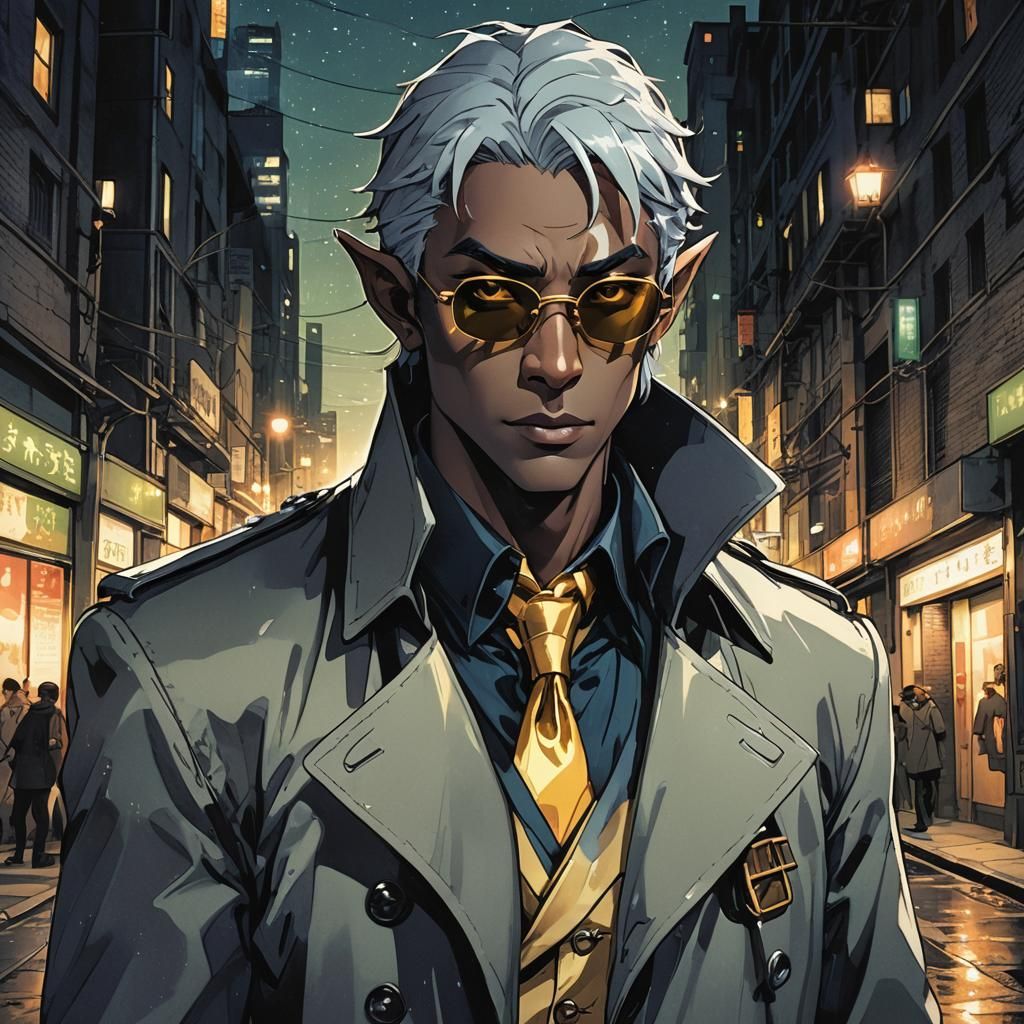 Drow Elf in Trench Coat with Mystical Aura