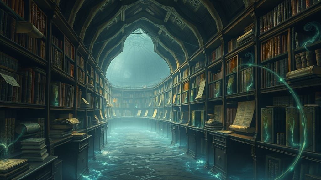 Surreal Library of Ancient Wisdom Illuminated by Ethereal Li...