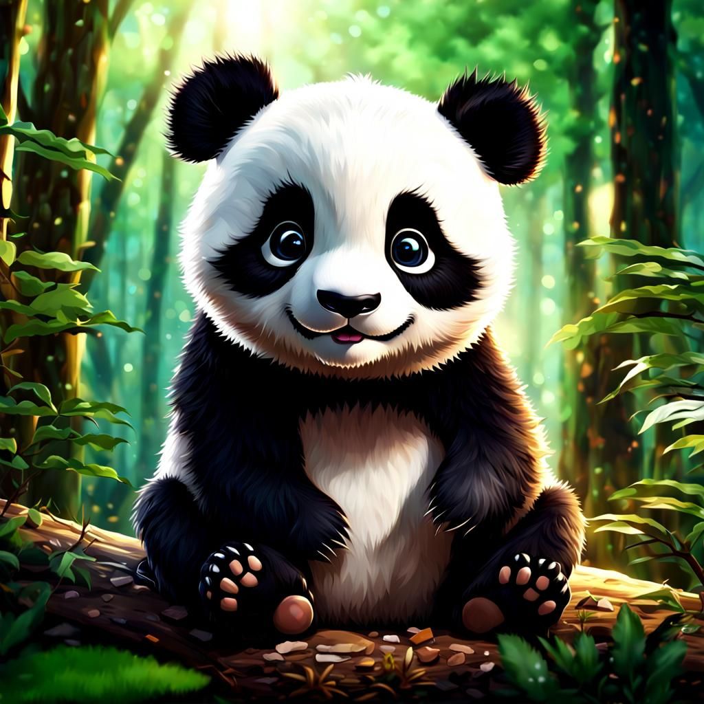 Adorable Chibi Panda in Forest, Digital Illustration