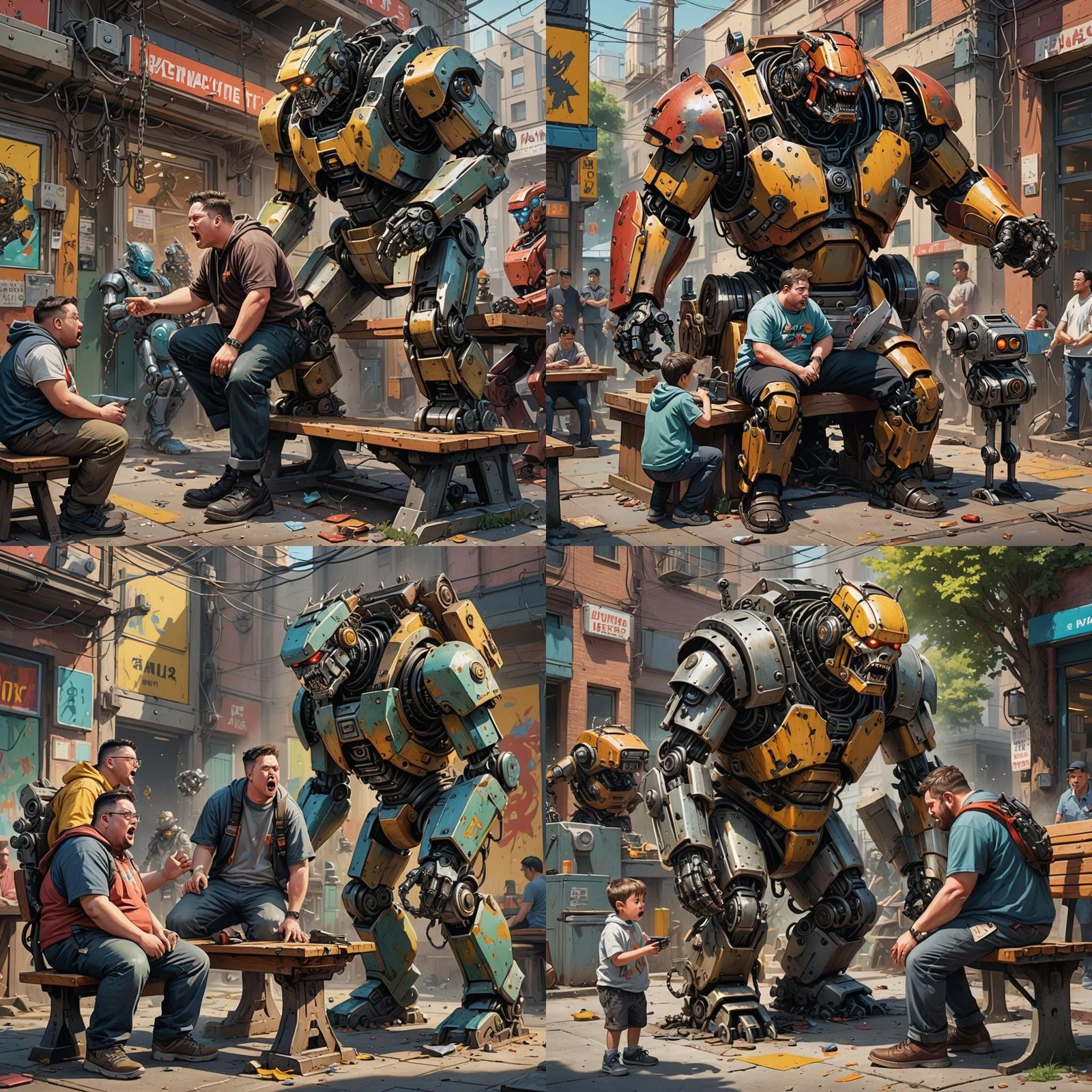 Hyperrealistic Boy Yelling at Sad Robots