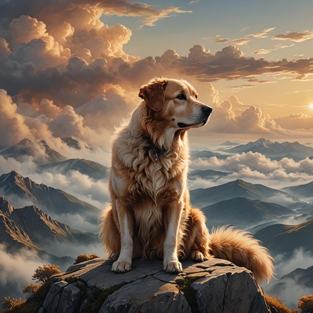 Wise Old Dog on Misty Peak: Ethereal Illustration